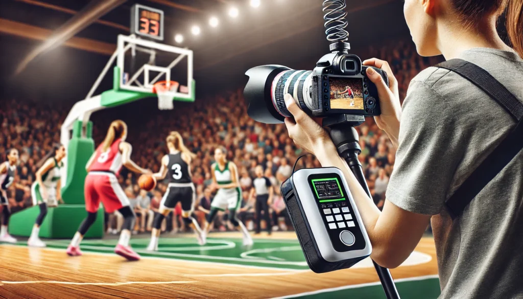 Fotografo a bordo campo durante una partita di basket femminile A2 che utilizza un sistema personalizzato con router mobile e cloud processing per l'invio automatico delle immagini alle agenzie stampa