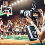 Fotografo a bordo campo durante una partita di basket femminile A2 che utilizza un sistema personalizzato con router mobile e cloud processing per l'invio automatico delle immagini alle agenzie stampa