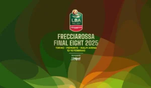 Logo ufficiale della Frecciarossa Final Eight 2025 con sfondo astratto nei toni del verde, arancione e marrone. Testo centrale che indica la sede dell'evento: Torino, Inalpi Arena, dal 12 al 16 febbraio 2025.