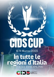 Locandina della CIDS Cup 2025, evento di danza sportiva in Piemonte, con competizioni di balli caraibici e altre discipline, bandiera italiana sullo sfondo e logo CIDS.