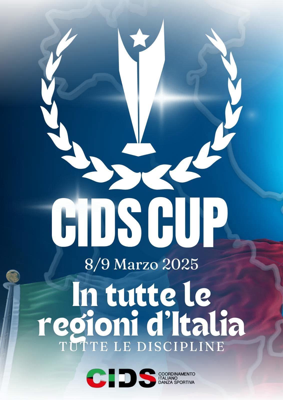 Locandina della CIDS Cup 2025, evento di danza sportiva in Piemonte, con competizioni di balli caraibici e altre discipline, bandiera italiana sullo sfondo e logo CIDS.