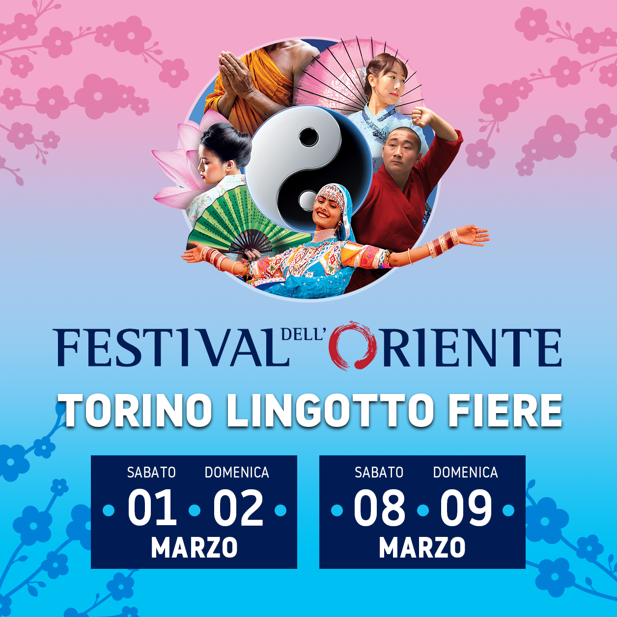 Locandina ufficiale del Festival dell'Oriente a Torino 2025, con immagini di artisti e performer in abiti tradizionali e le date dell'evento al Lingotto Fiere.