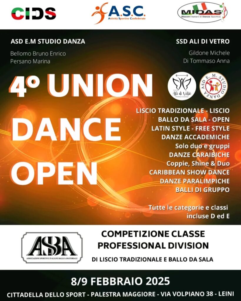 L'8 e 9 febbraio 2025 torna il 4° Union Dance Open a Leinì: un evento imperdibile con competizioni di ballo da sala, danze caraibiche, freestyle e molto altro!