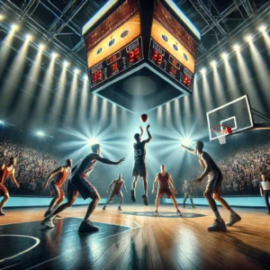 Scena intensa di una partita di basket serie A2 LNP della Reale Mutua Torino in un'arena affollata, con un giocatore che tenta un tiro da tre punti mentre la difesa avversaria cerca di bloccarlo. Il pubblico è in visibilio e il tabellone segna un punteggio ravvicinato.