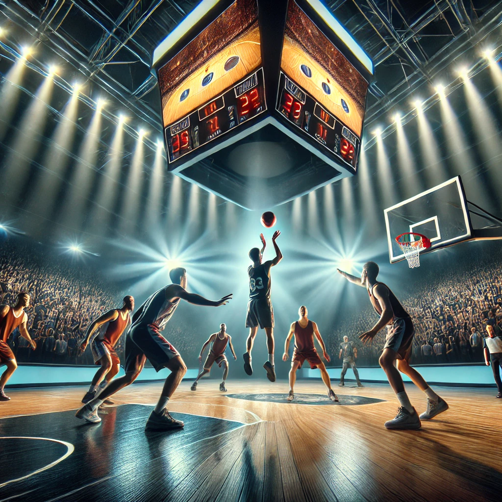 Scena intensa di una partita di basket serie A2 LNP della Reale Mutua Torino in un'arena affollata, con un giocatore che tenta un tiro da tre punti mentre la difesa avversaria cerca di bloccarlo. Il pubblico è in visibilio e il tabellone segna un punteggio ravvicinato.