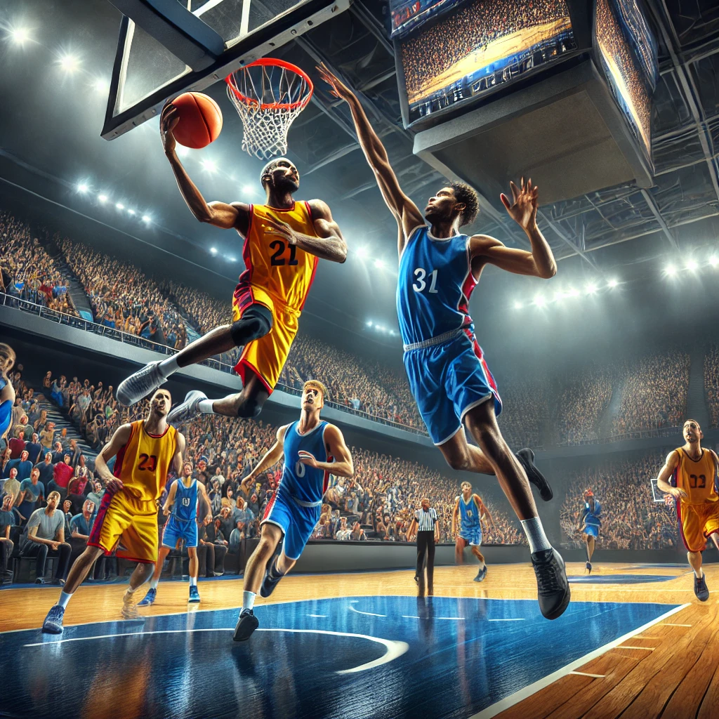 Giocatore della Reale Mutua Torino tenta un layup mentre un difensore Valtur Brindisi cerca di stoppare il tiro in un'arena gremita di tifosi.