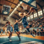 Una giocatrice di Torino Teen Basket tenta un’azione offensiva contro Sardegna Marmi Virtus Cagliari in un match di Serie A2 LBF, con difensori avversari pronti a contrastarla.