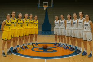 Sport a Torino 1 Giocatrici di Tecnoengineering Moncalieri in divisa gialla e Normatempo Italia Pallacanestro Torino in bianco e nero schierate al Pala Einaudi